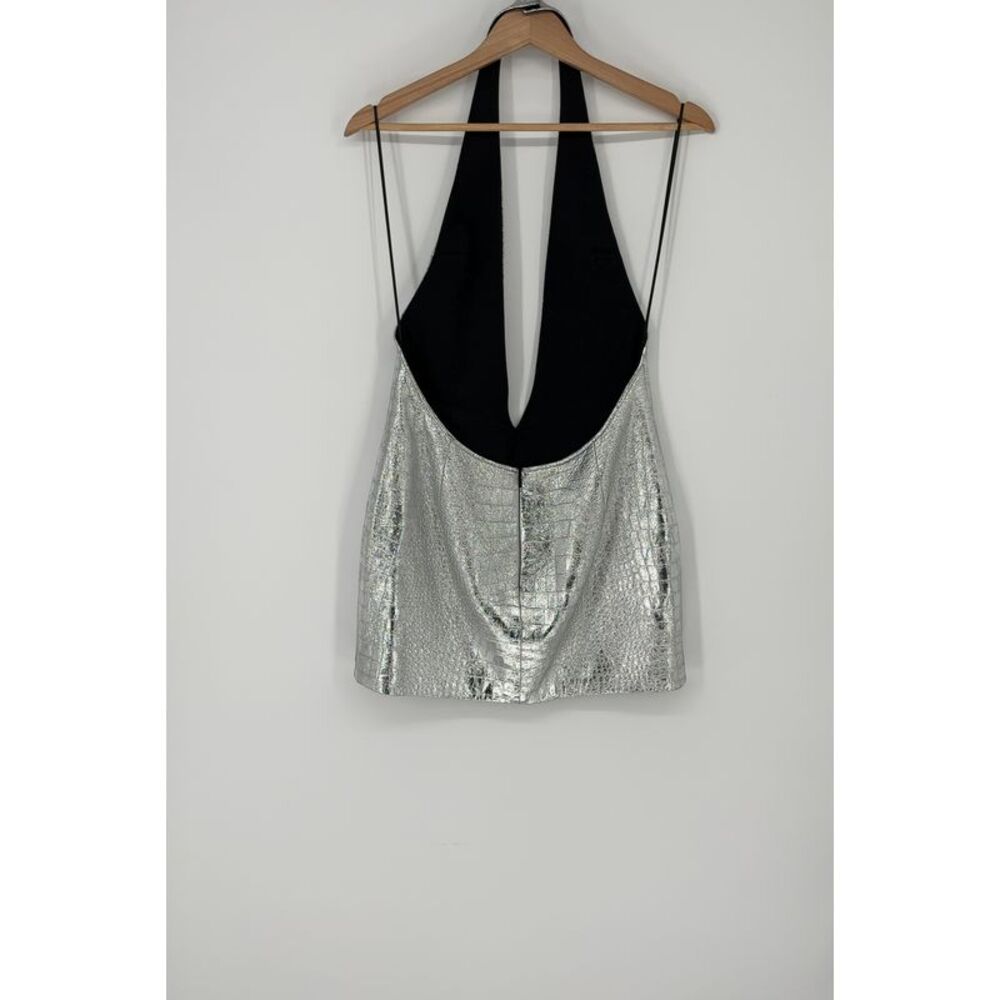LaQuan Smith Silver Metallic Backless Mini Dress with Black Halter Neck